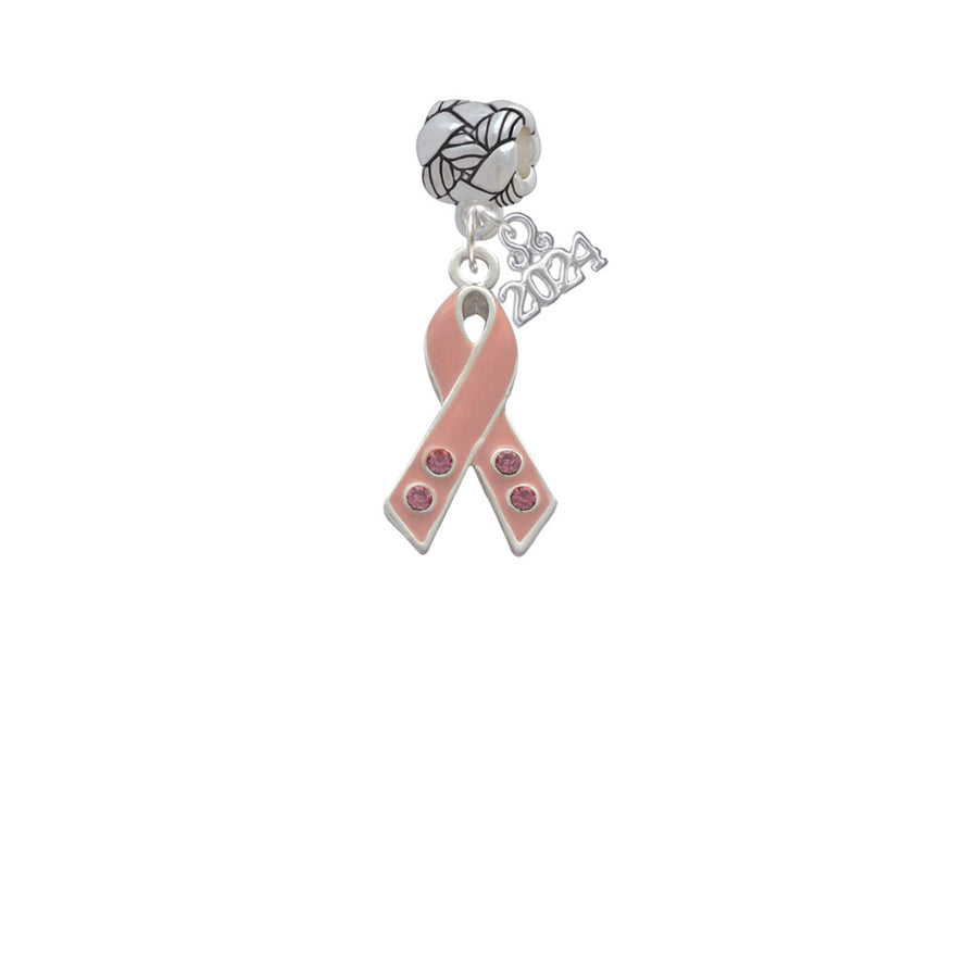 Delight Jewelry Silvertone Large Pink Ribbon with Crystals Woven Rope Charm Bead Dangle with Year 2024 Image 1