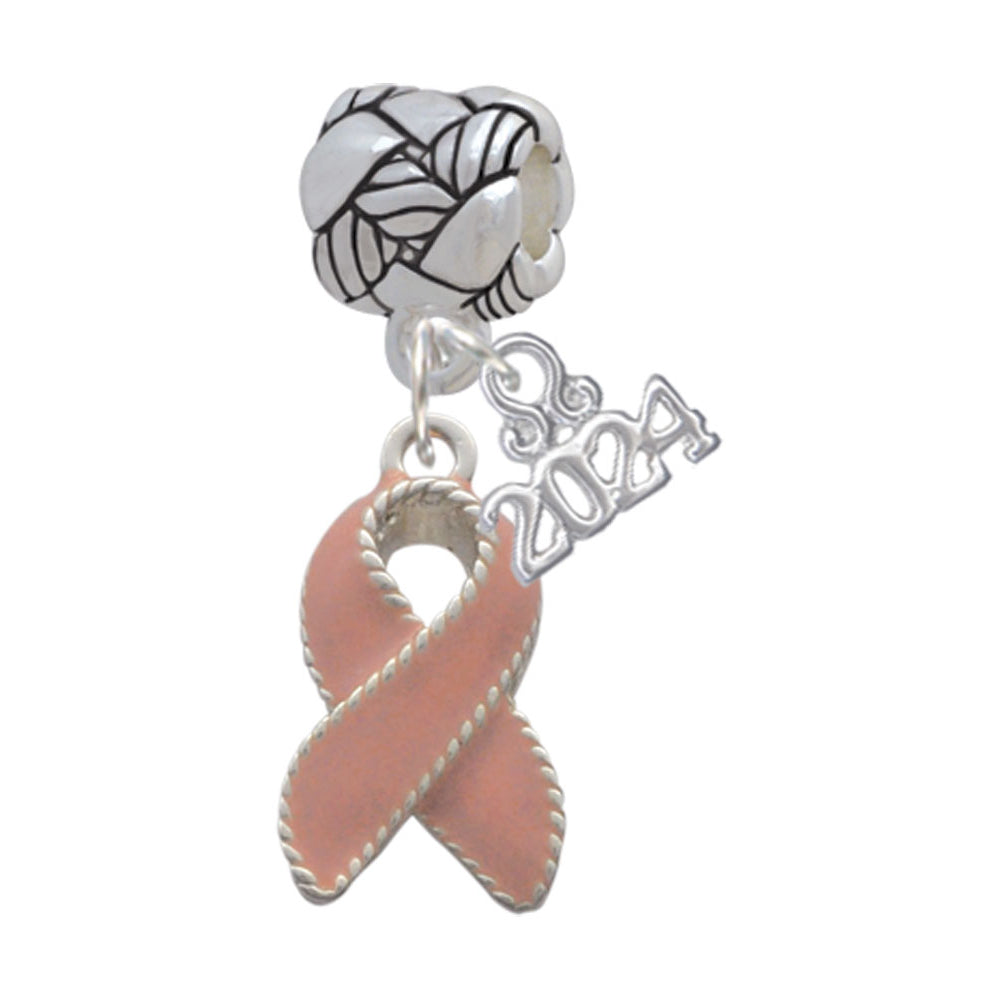 Delight Jewelry Silvertone Pink Ribbon with Stitching Woven Rope Charm Bead Dangle with Year 2024 Image 1