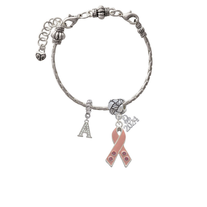 Delight Jewelry Silvertone Large Pink Ribbon with Crystals Woven Rope Charm Bead Dangle with Year 2024 Image 2