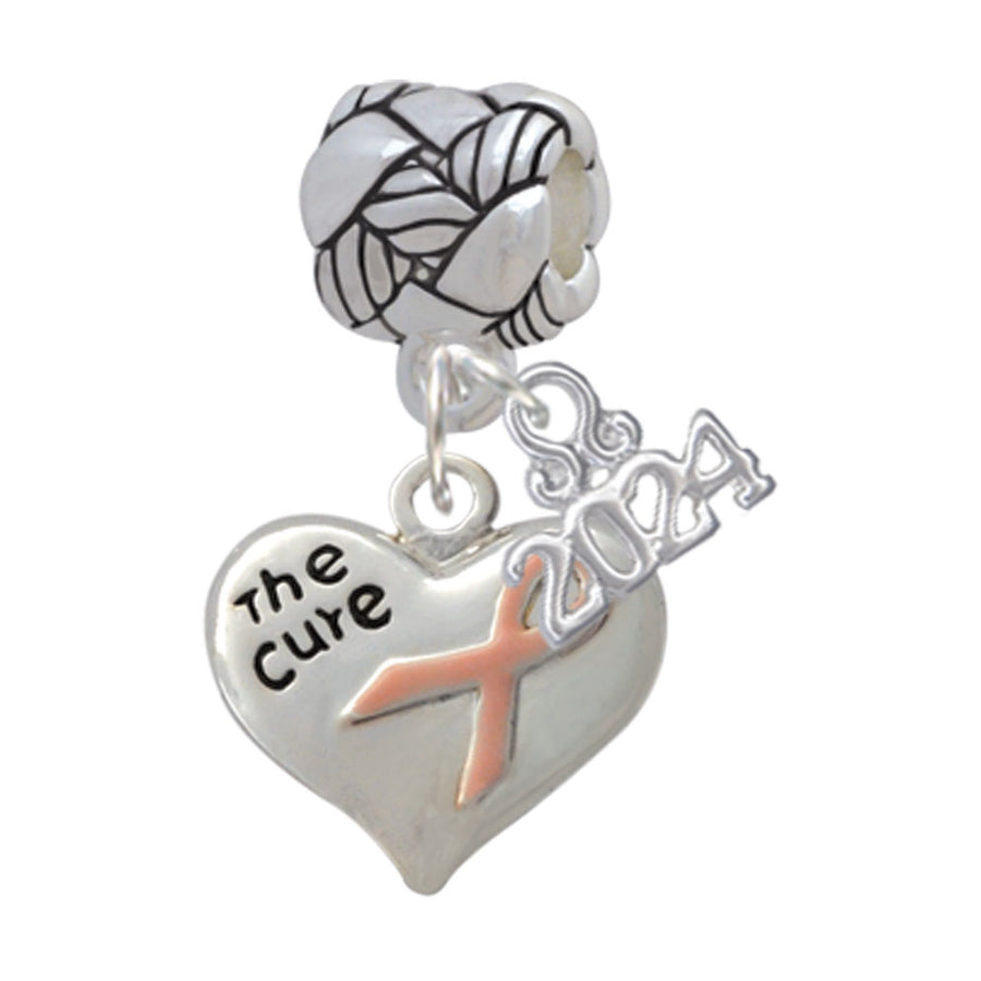 Delight Jewelry Silvertone Small Heart with Pink Ribbon The Cure Woven Rope Charm Bead Dangle with Year 2024 Image 1