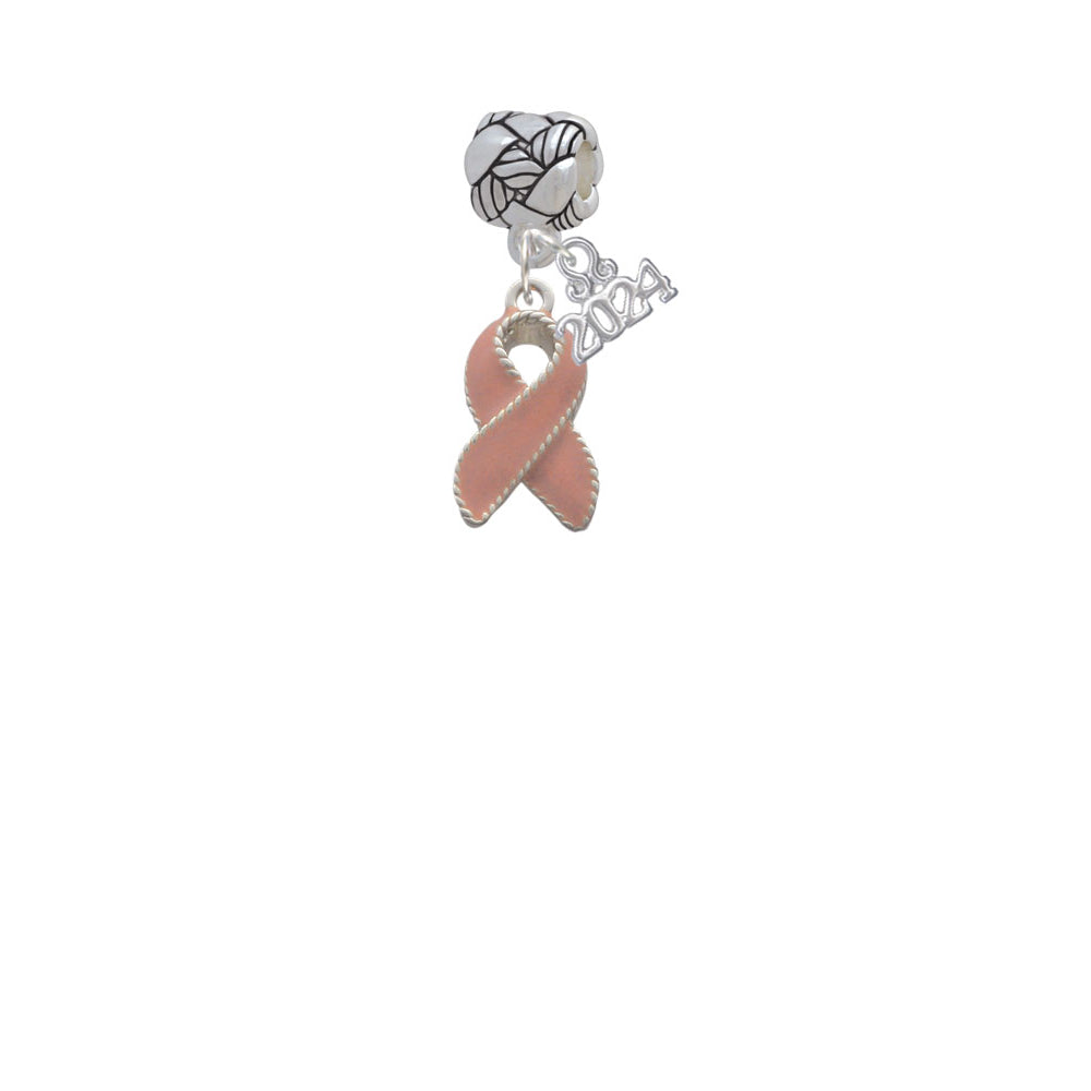 Delight Jewelry Silvertone Pink Ribbon with Stitching Woven Rope Charm Bead Dangle with Year 2024 Image 2