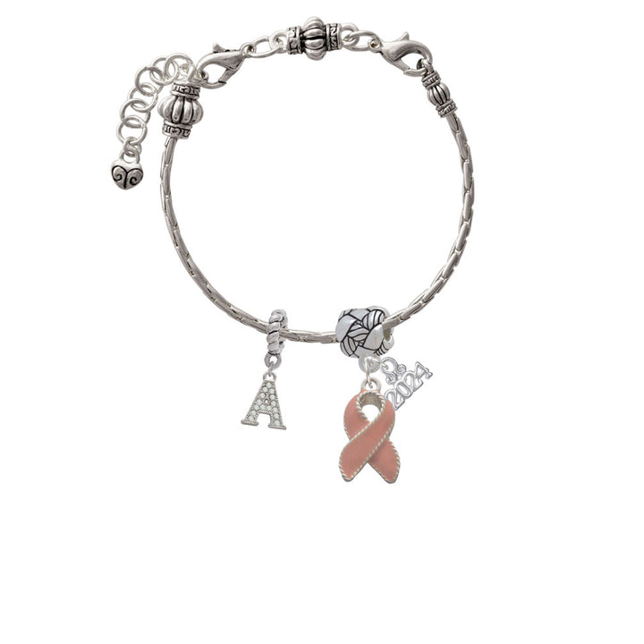 Delight Jewelry Silvertone Pink Ribbon with Stitching Woven Rope Charm Bead Dangle with Year 2024 Image 3