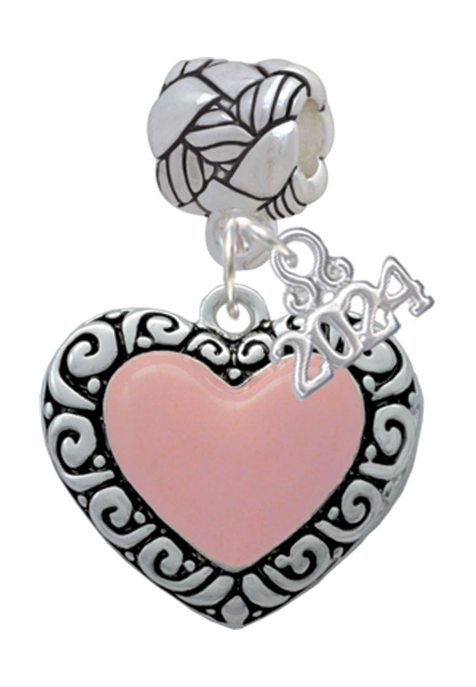 Delight Jewelry Silvertone Large Pink Enamel Heart with Swirl Border Woven Rope Charm Bead Dangle with Year 2024 Image 1