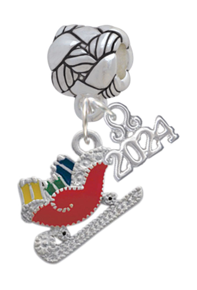 Delight Jewelry Silvertone Red Christmas Sleigh Woven Rope Charm Bead Dangle with Year 2024 Image 1