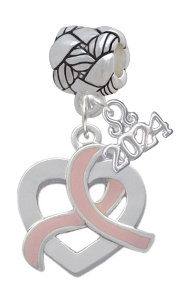 Delight Jewelry Heart Outline with Pink Ribbon Looping Through Woven Rope Charm Bead Dangle with Year 2024 Image 1