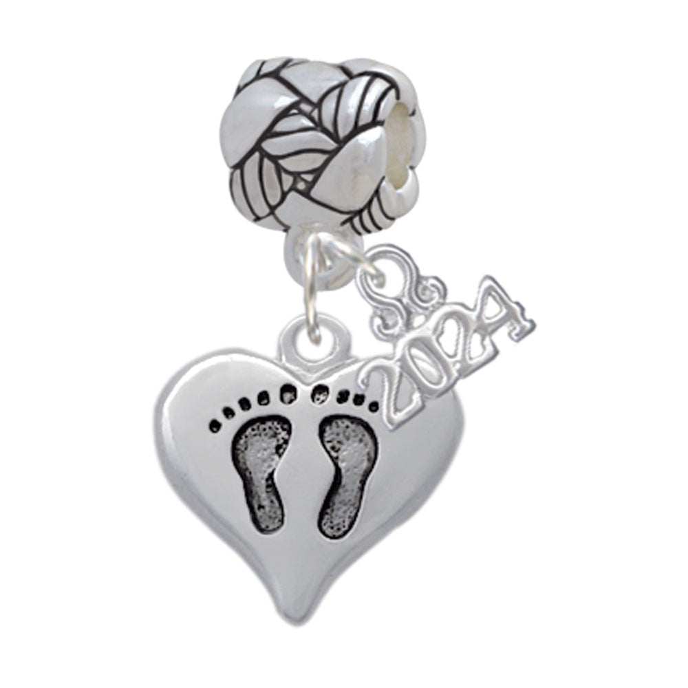 Delight Jewelry Silvertone Heart with Baby Feet Woven Rope Charm Bead Dangle with Year 2024 Image 1