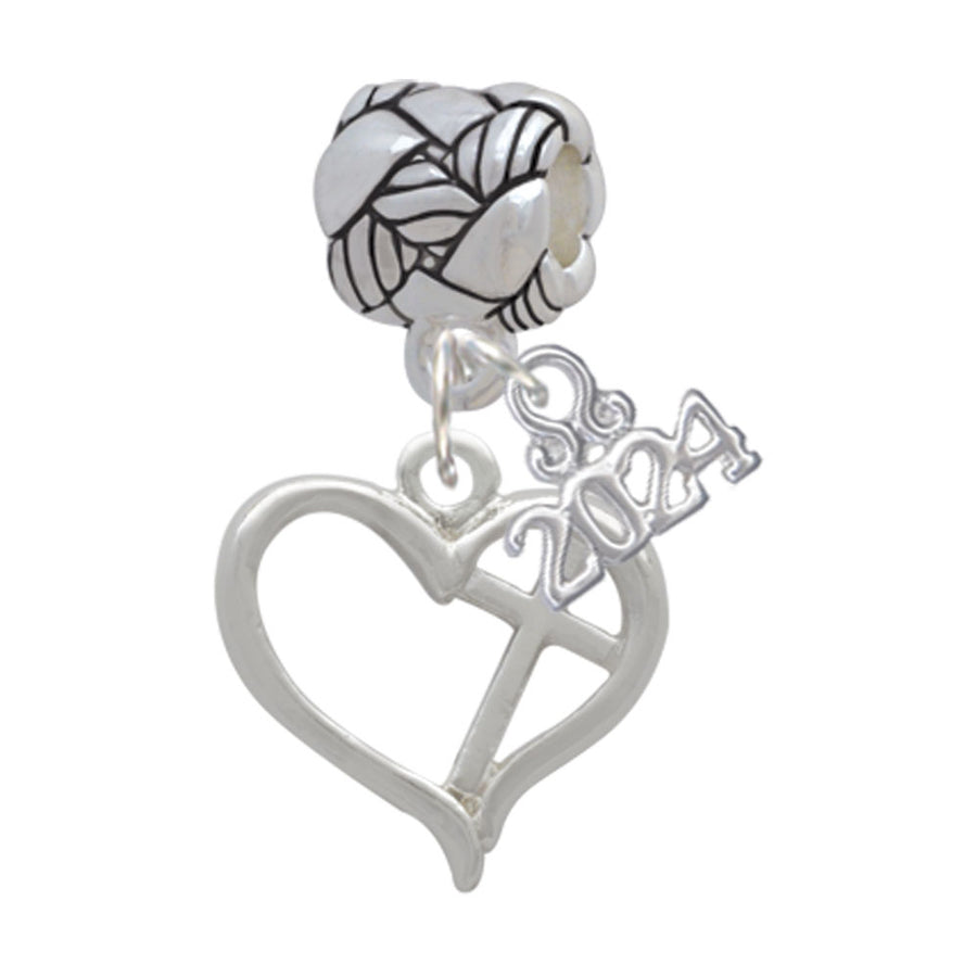 Delight Jewelry Silvertone Heart Outline with diagonal Cross Woven Rope Charm Bead Dangle with Year 2024 Image 1