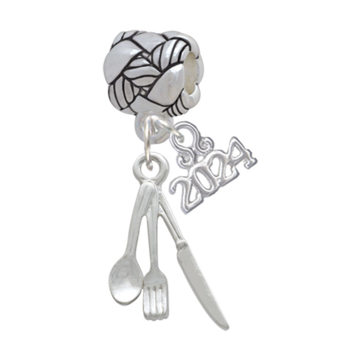 Delight Jewelry Silvertone Fork Knife and Spoon Woven Rope Charm Bead Dangle with Year 2024 Image 1