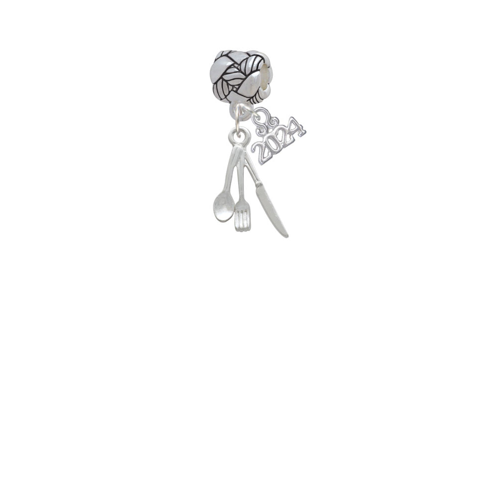Delight Jewelry Silvertone Fork Knife and Spoon Woven Rope Charm Bead Dangle with Year 2024 Image 2