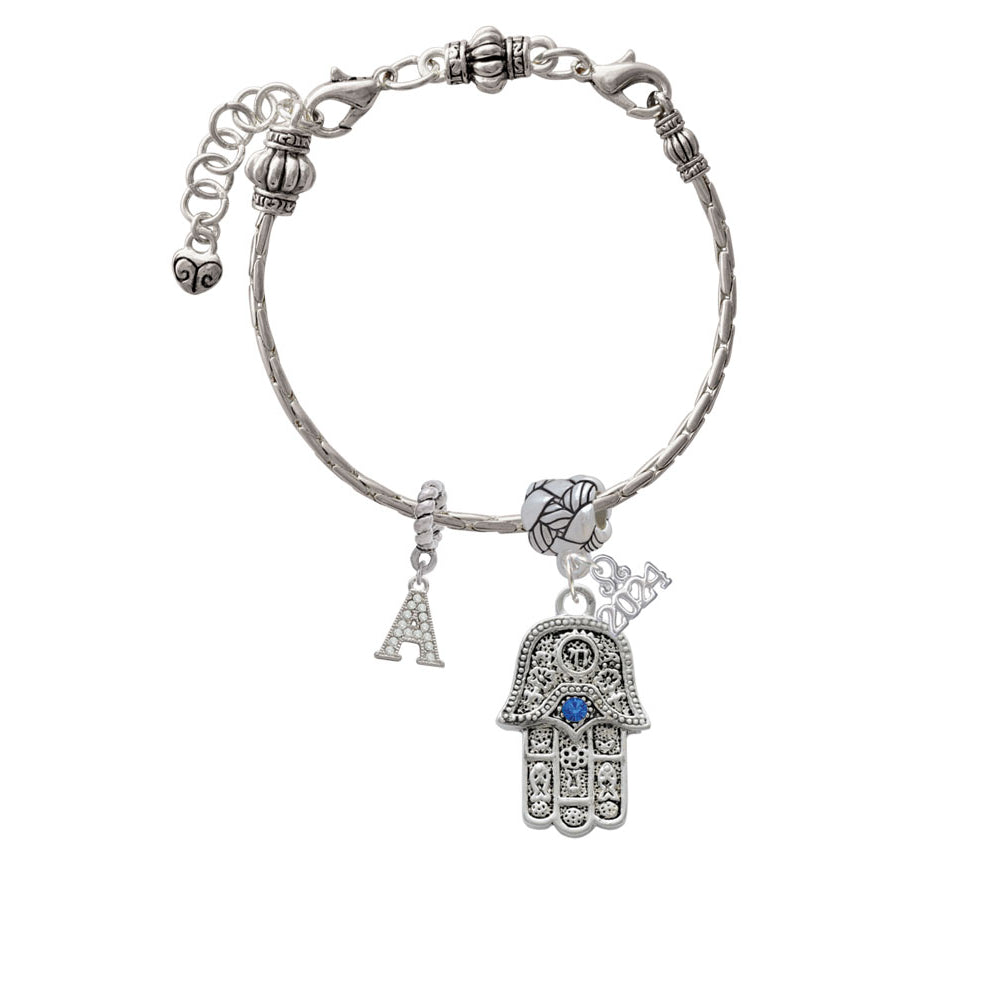 Delight Jewelry Silvertone Hamsa Hand with Blue Crystal Woven Rope Charm Bead Dangle with Year 2024 Image 2