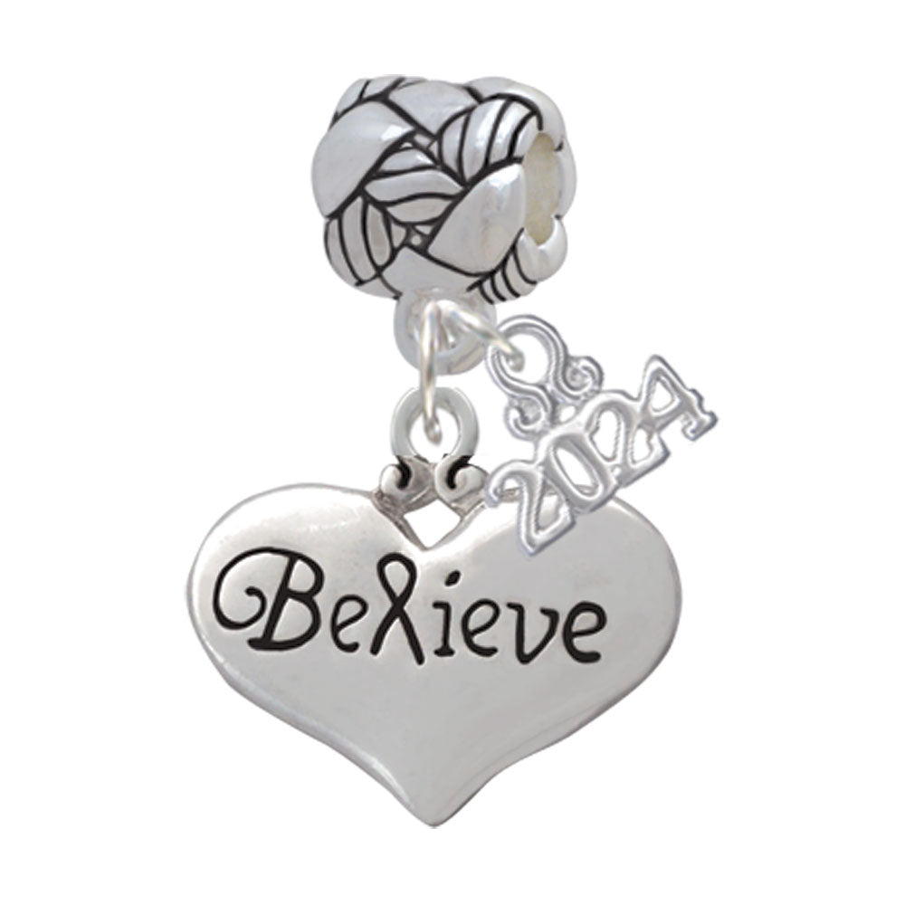Delight Jewelry Silvertone Large Believe with Ribbon Heart Woven Rope Charm Bead Dangle with Year 2024 Image 1