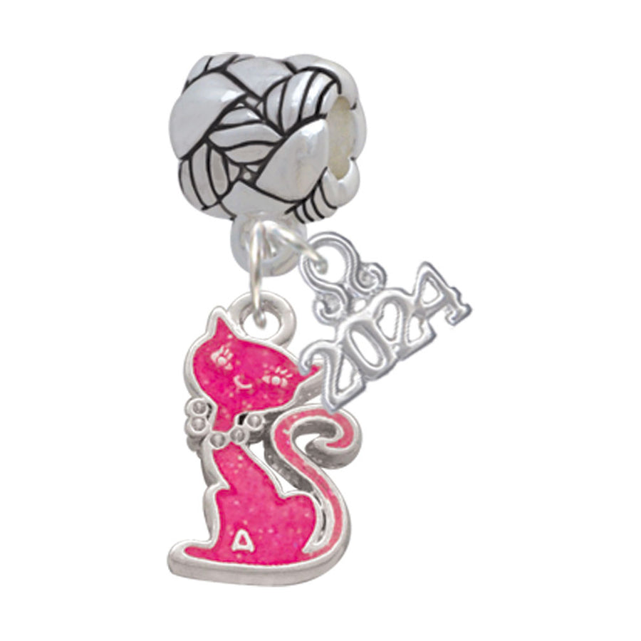 Delight Jewelry Silvertone Hot Pink Glitter Cat Woven Rope Charm Bead Dangle with Year 2024 Image 1