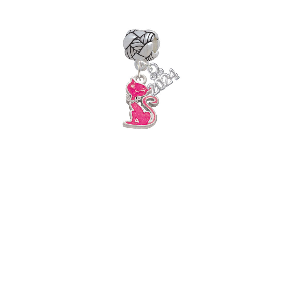 Delight Jewelry Silvertone Hot Pink Glitter Cat Woven Rope Charm Bead Dangle with Year 2024 Image 2