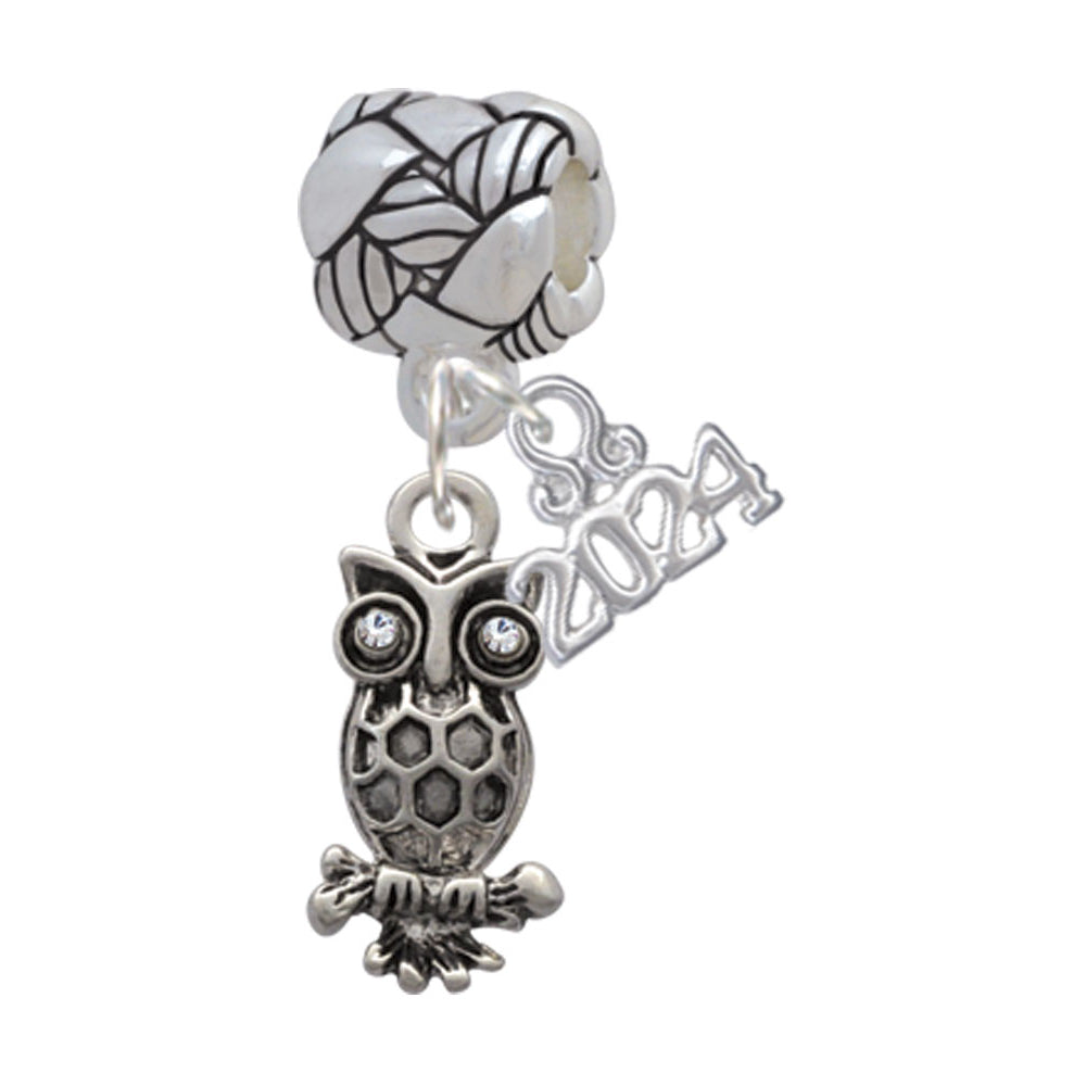 Delight Jewelry Silvertone Antiqued Owl with Clear Crystal Eyes Woven Rope Charm Bead Dangle with Year 2024 Image 1