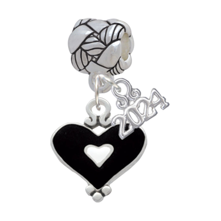 Delight Jewelry Silvertone Black and White Enamel Heart Woven Rope Charm Bead Dangle with Year 2024 Image 1