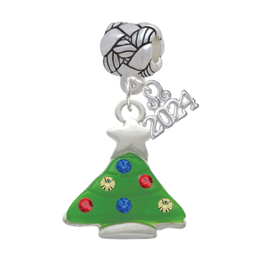 Delight Jewelry Silvertone Green Resin Christmas Tree with Crystals Woven Rope Charm Bead Dangle with Year 2024 Image 1