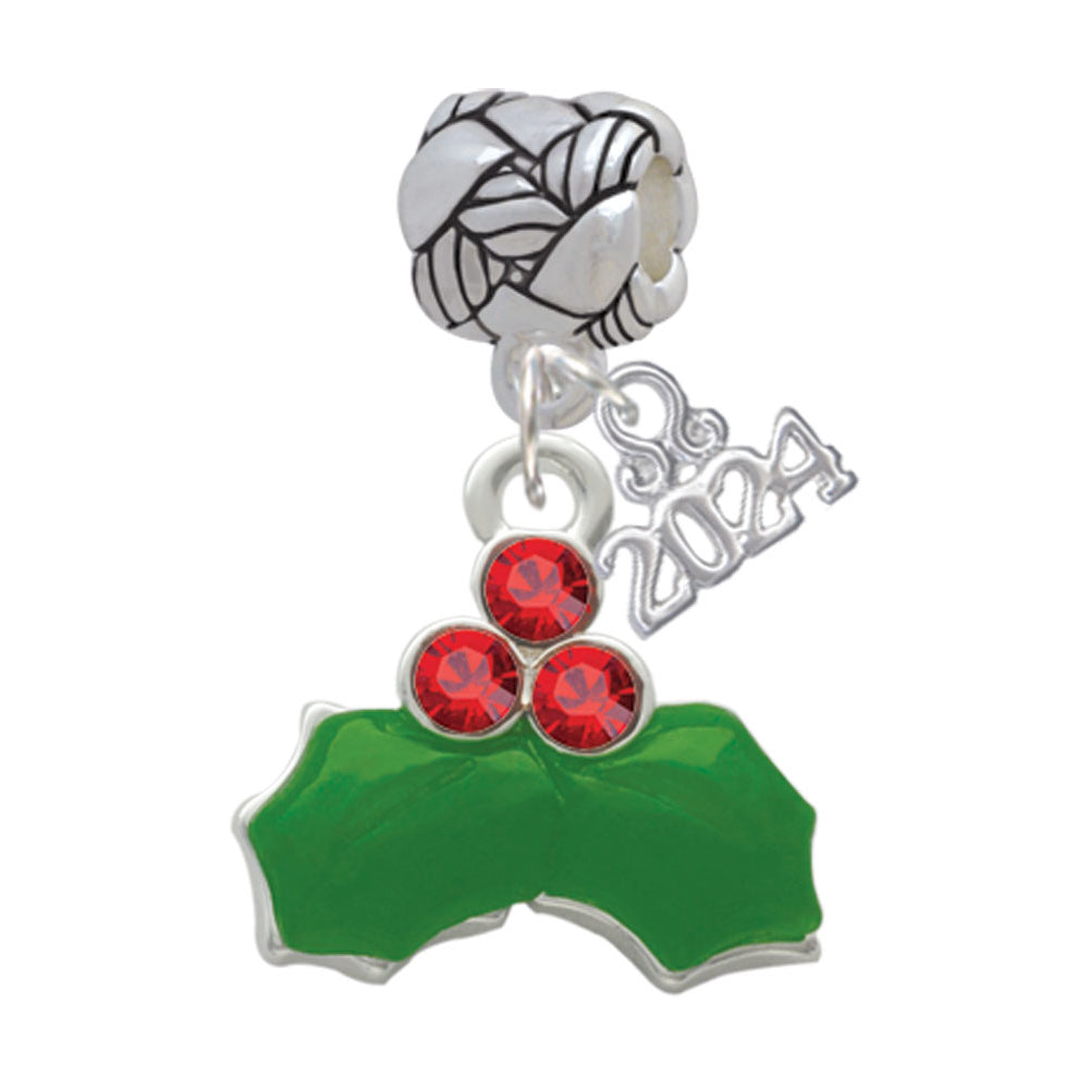 Delight Jewelry Silvertone Christmas Holly and Red Crystal Berries Woven Rope Charm Bead Dangle with Year 2024 Image 1