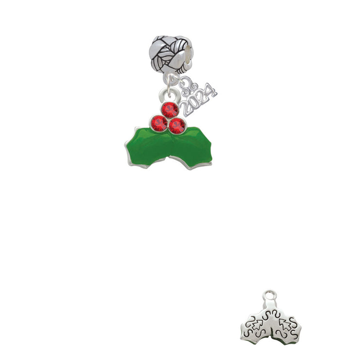 Delight Jewelry Silvertone Christmas Holly and Red Crystal Berries Woven Rope Charm Bead Dangle with Year 2024 Image 2