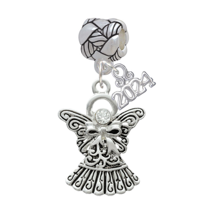 Delight Jewelry Silvertone Antiqued Angel with Bow and Crystal Woven Rope Charm Bead Dangle with Year 2024 Image 1