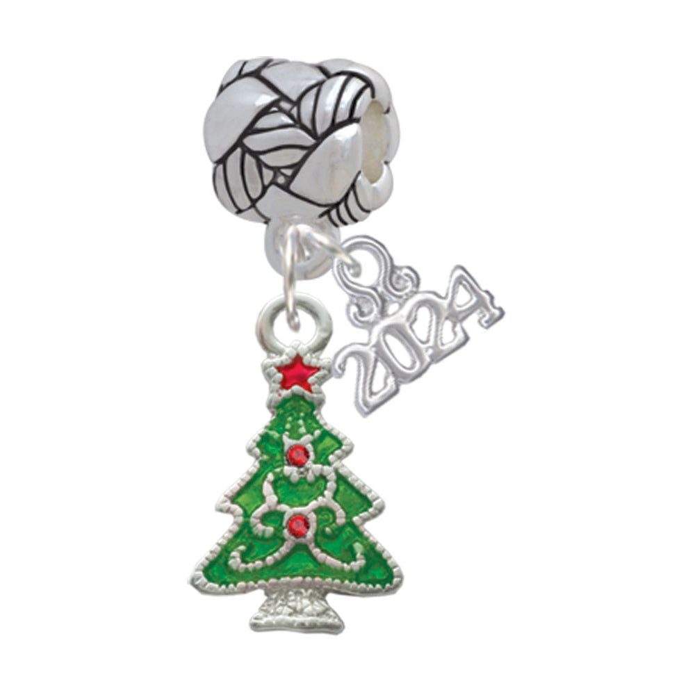 Delight Jewelry Silvertone Green Christmas Tree with Red Crystals Woven Rope Charm Bead Dangle with Year 2024 Image 1