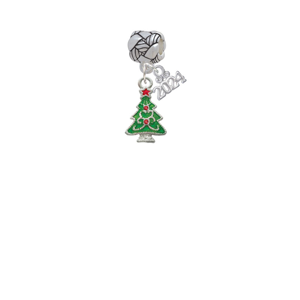 Delight Jewelry Silvertone Green Christmas Tree with Red Crystals Woven Rope Charm Bead Dangle with Year 2024 Image 2
