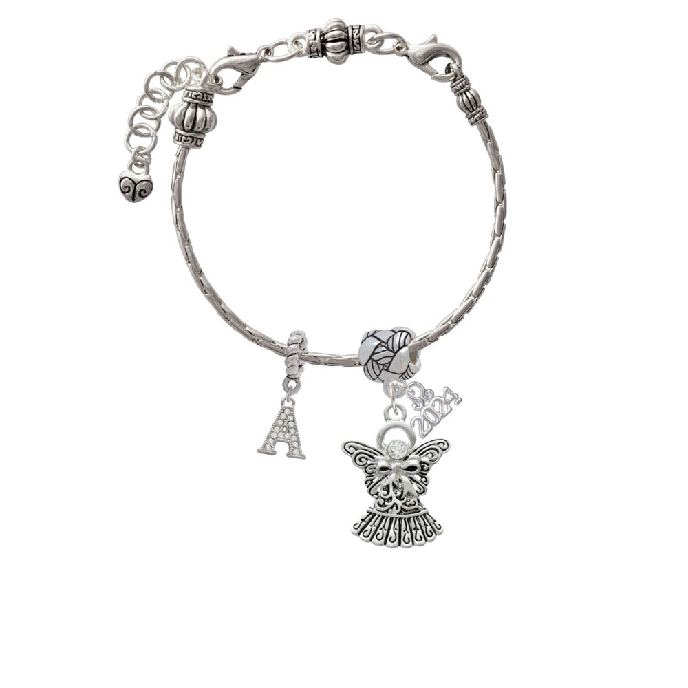 Delight Jewelry Silvertone Antiqued Angel with Bow and Crystal Woven Rope Charm Bead Dangle with Year 2024 Image 3