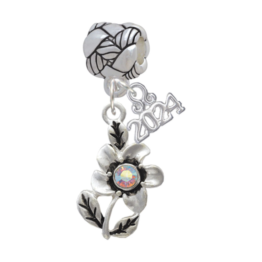 Delight Jewelry Silvertone Flower with AB Crystal Woven Rope Charm Bead Dangle with Year 2024 Image 1
