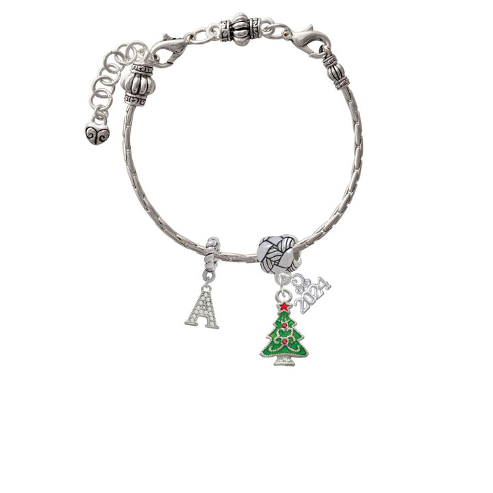 Delight Jewelry Silvertone Green Christmas Tree with Red Crystals Woven Rope Charm Bead Dangle with Year 2024 Image 3