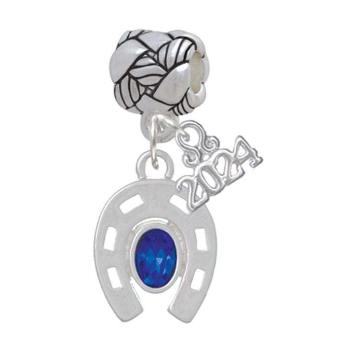 Delight Jewelry Silvertone Horseshoe with Oval Blue Crystal Woven Rope Charm Bead Dangle with Year 2024 Image 1