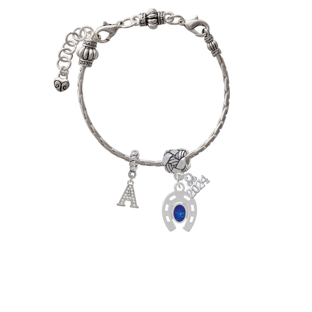 Delight Jewelry Silvertone Horseshoe with Oval Blue Crystal Woven Rope Charm Bead Dangle with Year 2024 Image 3