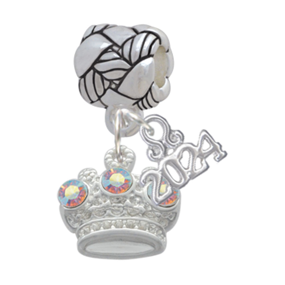 Delight Jewelry Silvertone Crown with 3 Clear AB Crystals Woven Rope Charm Bead Dangle with Year 2024 Image 1