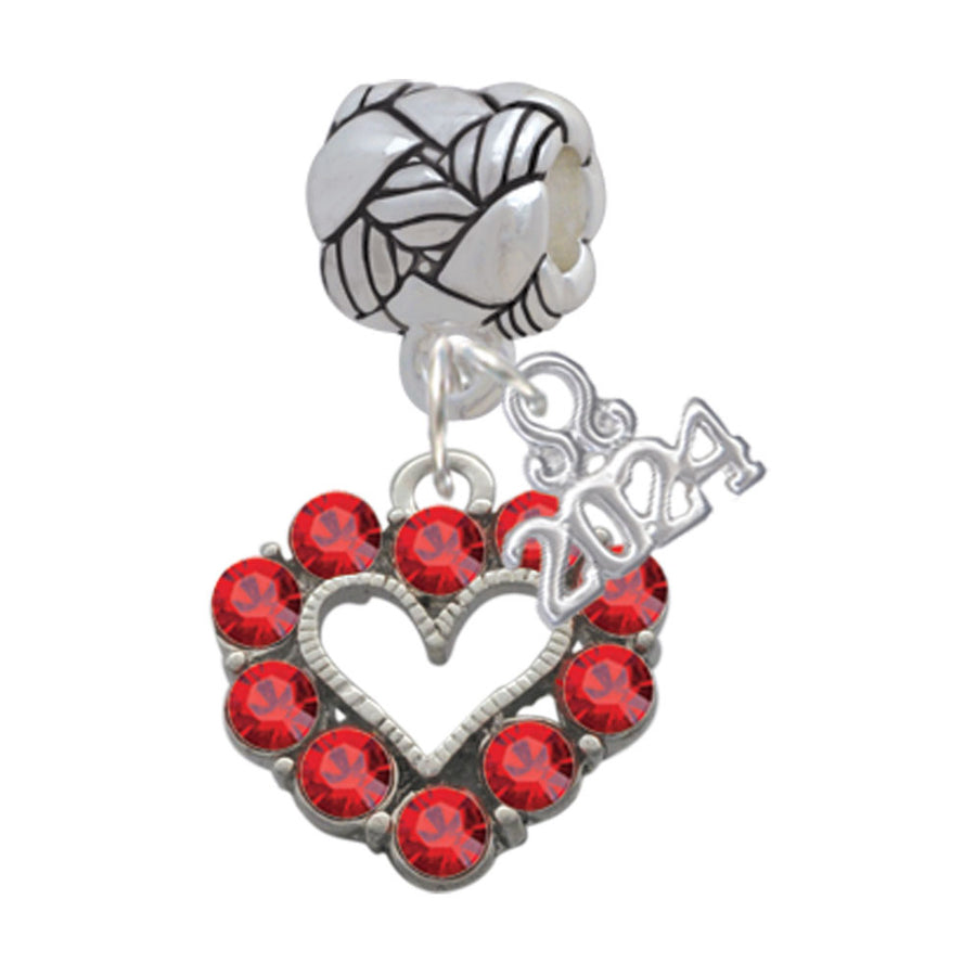 Delight Jewelry Silvertone Open Heart with Red Crystal Border Woven Rope Charm Bead Dangle with Year 2024 Image 1