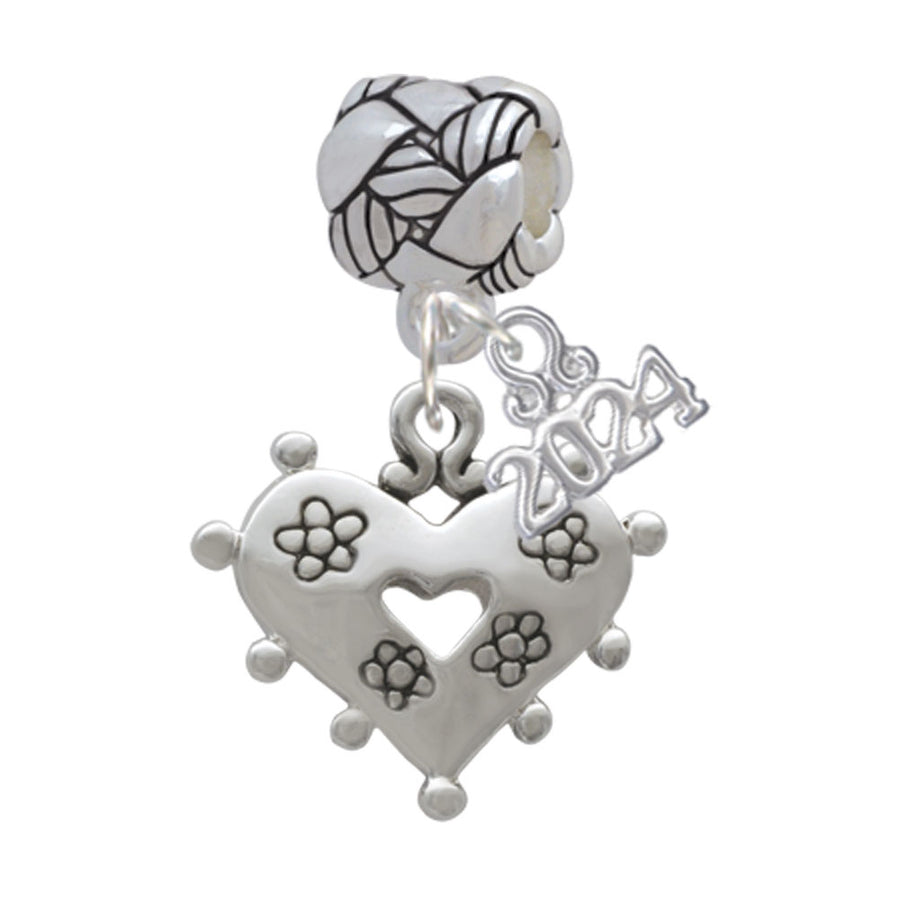 Delight Jewelry Silvertone Large Heart with Flowers Woven Rope Charm Bead Dangle with Year 2024 Image 1