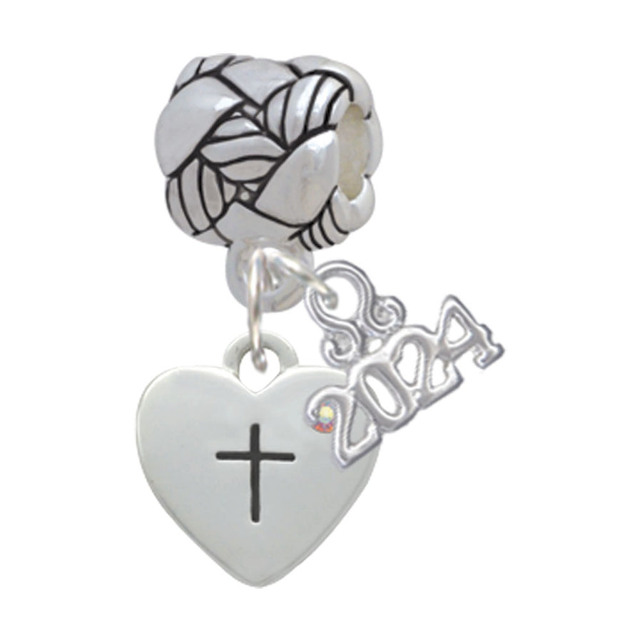 Delight Jewelry Silvertone Small Heart with Cross and Fish with Crystal Woven Rope Charm Bead Dangle with Year 2024 Image 1
