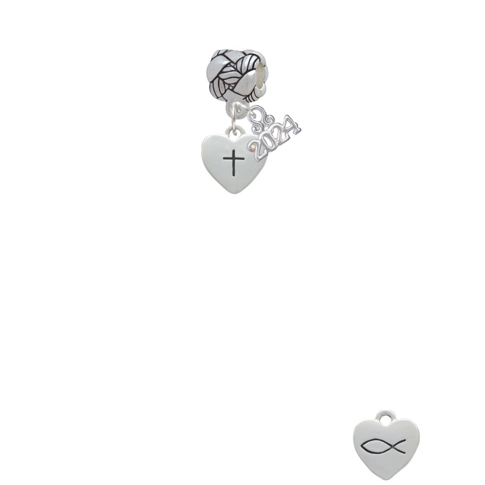 Delight Jewelry Silvertone Small Heart with Cross and Fish with Crystal Woven Rope Charm Bead Dangle with Year 2024 Image 2
