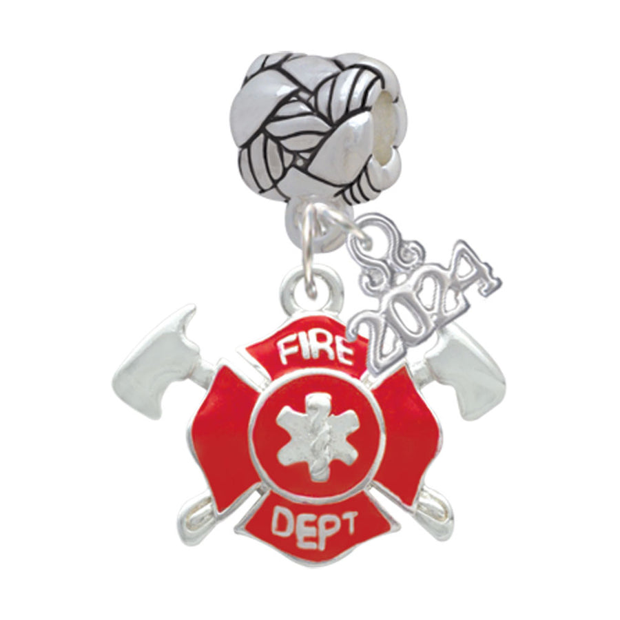 Delight Jewelry Silvertone Red Fire Department Shield with Axes Woven Rope Charm Bead Dangle with Year 2024 Image 1