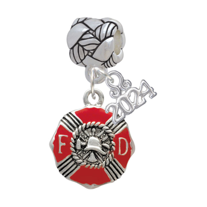 Delight Jewelry Silvertone Red Enamel Fire Department Medallion Woven Rope Charm Bead Dangle with Year 2024 Image 1