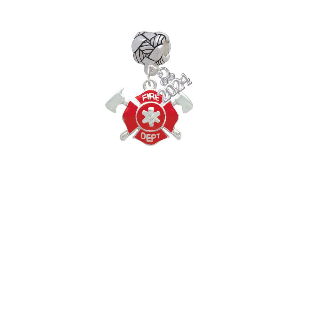 Delight Jewelry Silvertone Red Fire Department Shield with Axes Woven Rope Charm Bead Dangle with Year 2024 Image 2