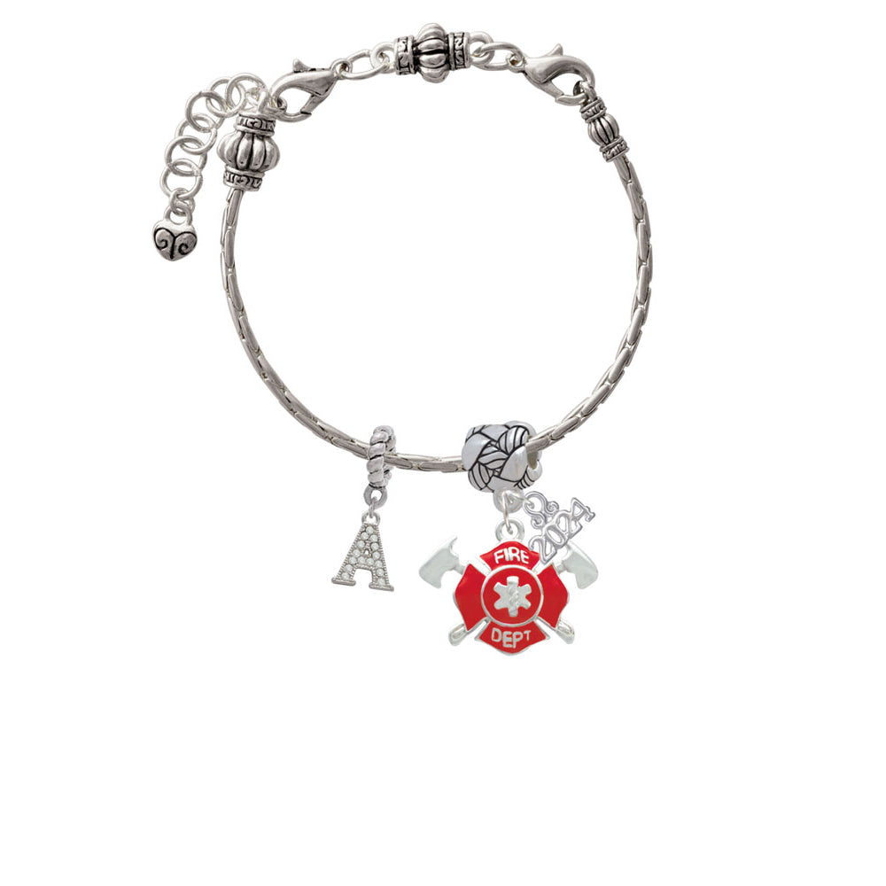 Delight Jewelry Silvertone Red Fire Department Shield with Axes Woven Rope Charm Bead Dangle with Year 2024 Image 3