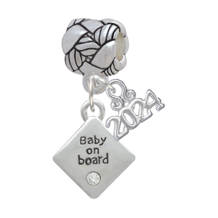 Delight Jewelry Silvertone 2-D Baby on Board Sign with Foot Print Woven Rope Charm Bead Dangle with Year 2024 Image 1