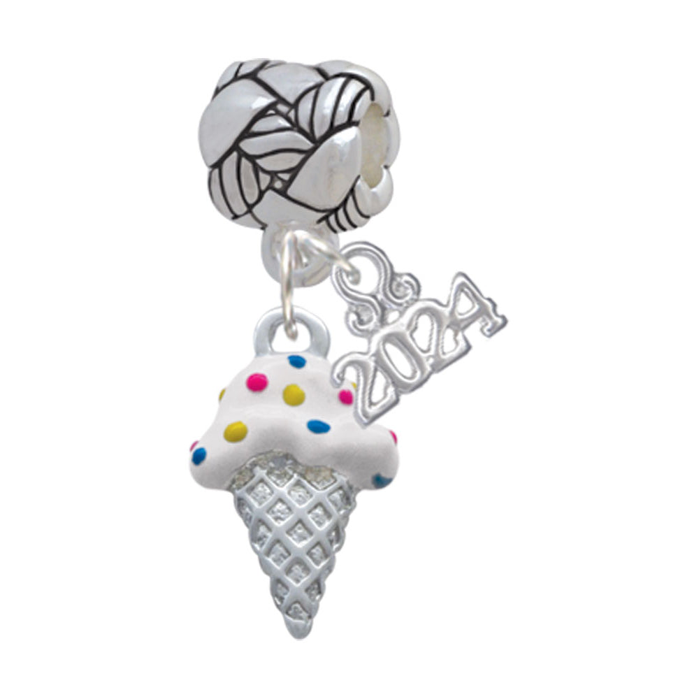 Delight Jewelry Silvertone 2-D Vanilla Ice Cream Cone with Sprinkles Woven Rope Charm Bead Dangle with Year 2024 Image 1
