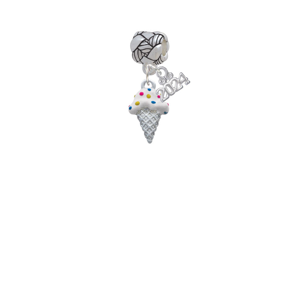 Delight Jewelry Silvertone 2-D Vanilla Ice Cream Cone with Sprinkles Woven Rope Charm Bead Dangle with Year 2024 Image 2