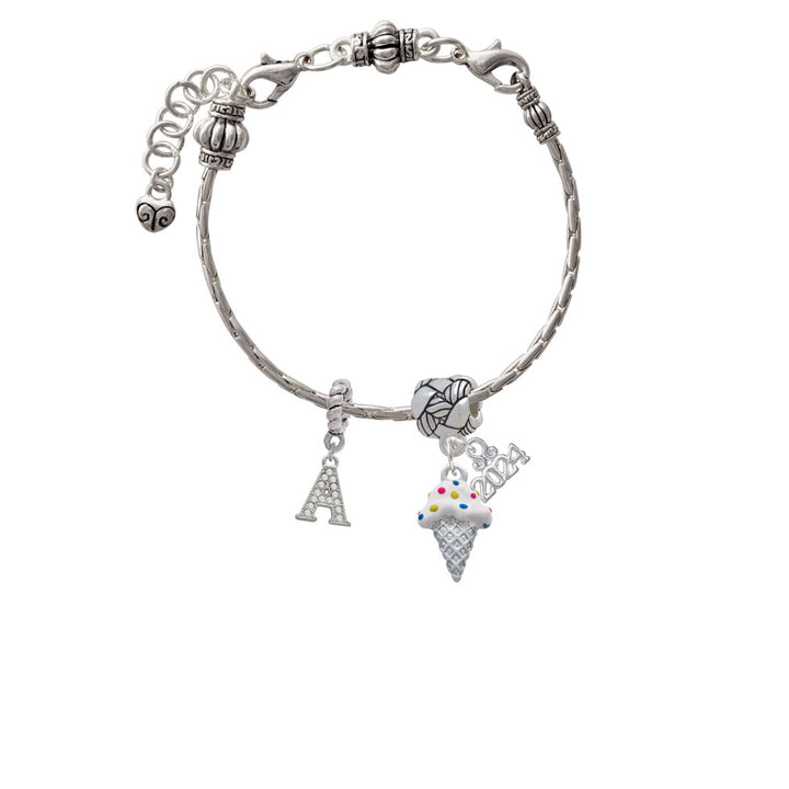 Delight Jewelry Silvertone 2-D Vanilla Ice Cream Cone with Sprinkles Woven Rope Charm Bead Dangle with Year 2024 Image 3