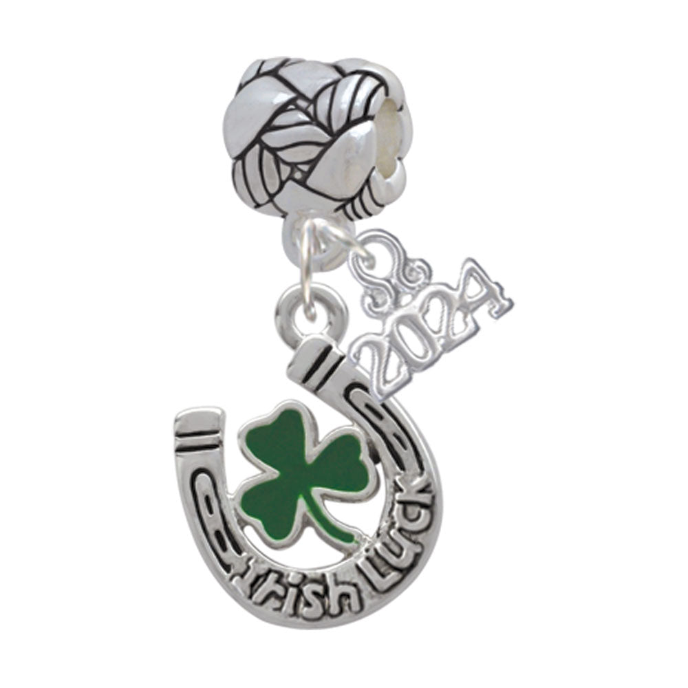 Delight Jewelry Silvertone Irish Luck Horseshoe with Shamrock Woven Rope Charm Bead Dangle with Year 2024 Image 1