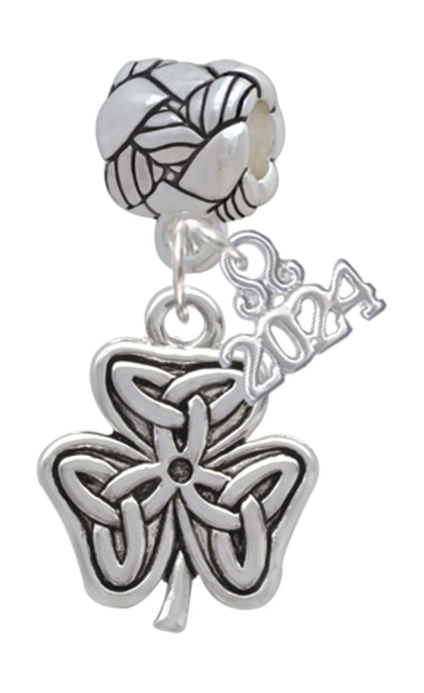 Delight Jewelry Silvertone Shamrock with Celtic Knot Woven Rope Charm Bead Dangle with Year 2024 Image 1
