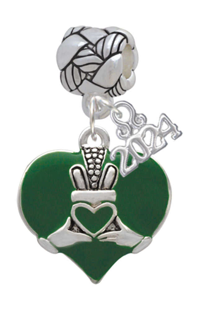 Delight Jewelry Silvertone Large 2-D Claddagh on Green Heart Woven Rope Charm Bead Dangle with Year 2024 Image 1