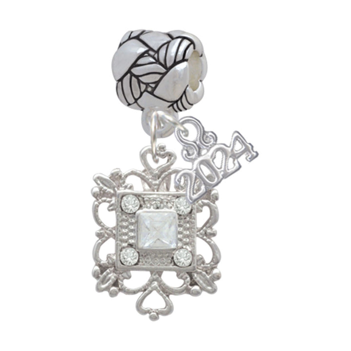 Delight Jewelry Silvertone Square AB Crystal with Filigree Woven Rope Charm Bead Dangle with Year 2024 Image 1