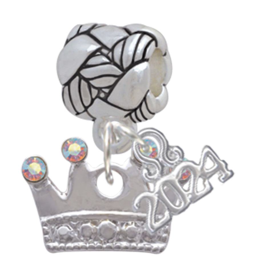 Delight Jewelry Silvertone Crown with Crystals and Textured Bottom Woven Rope Charm Bead Dangle with Year 2024 Image 1