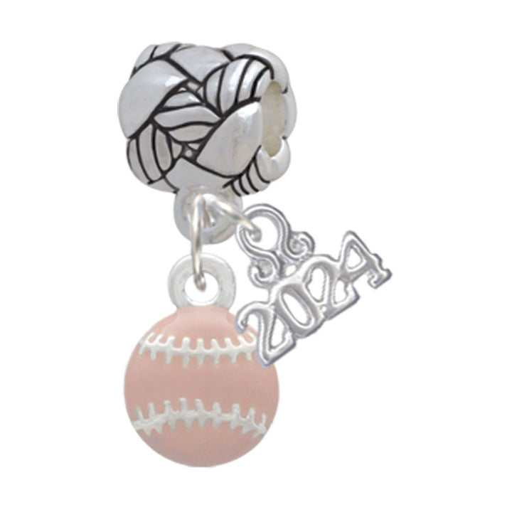 Delight Jewelry Silvertone Mini Pink Softball or Baseball Woven Rope Charm Bead Dangle with Year 2024 Image 1
