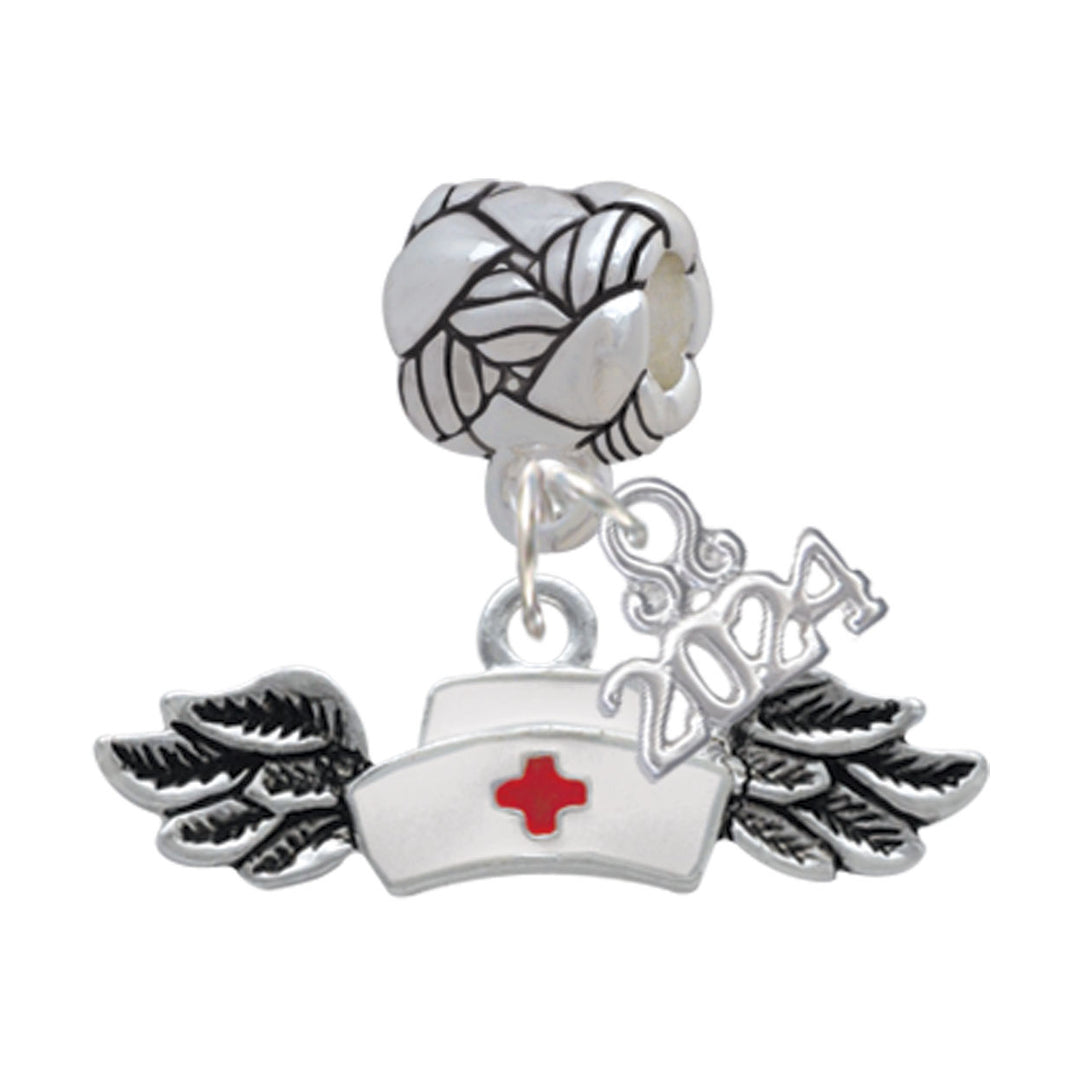 Delight Jewelry Silvertone Enamel Nurse Hat with Wings Woven Rope Charm Bead Dangle with Year 2024 Image 1